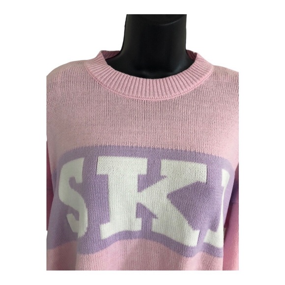 Sincerely jules pink blue stripe colorblock SKI graphic print sweater size S - Picture 7 of 12
